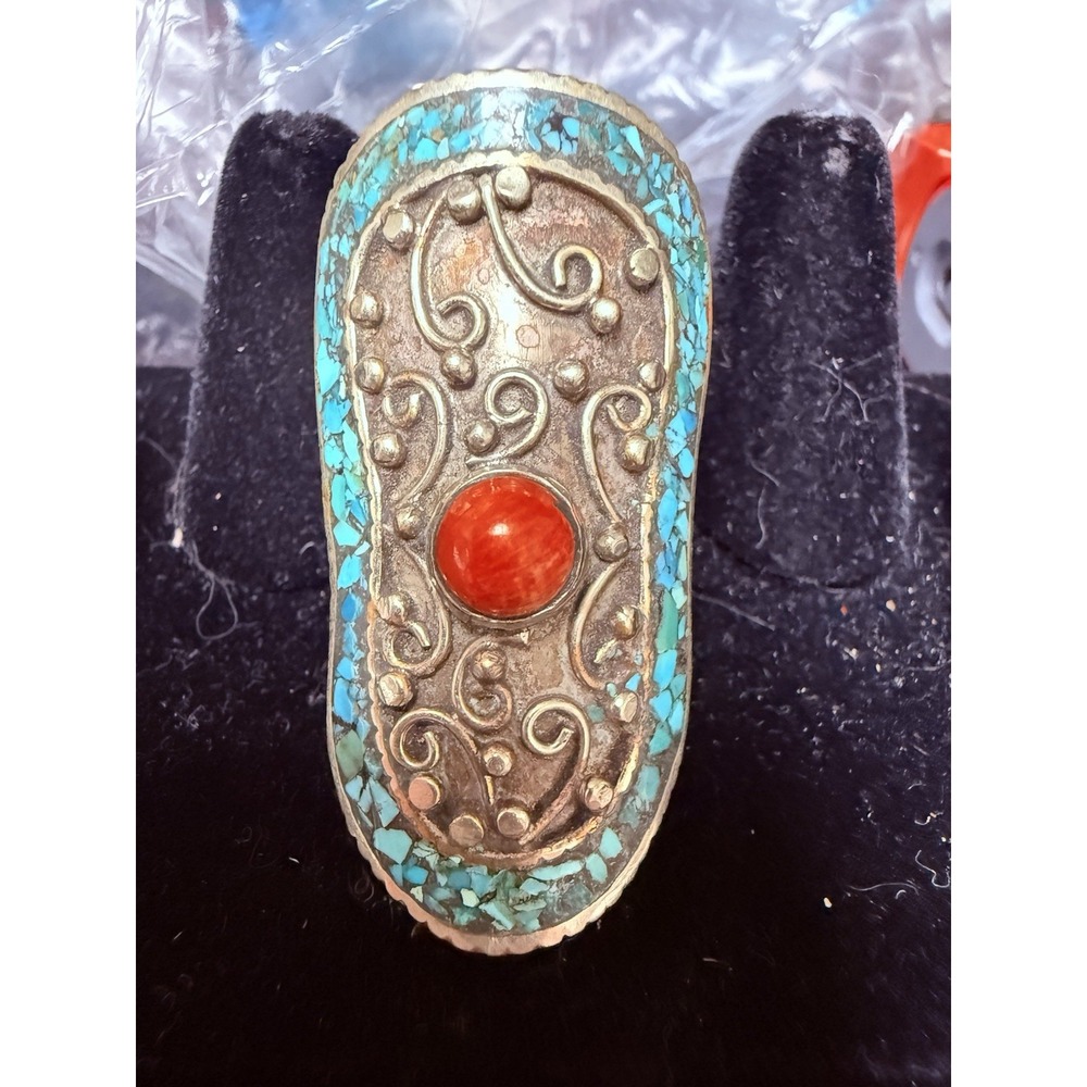Vintage Sterling 925 Turquoise Coral Navajo Style Statement Ring Sz 6 .49 Oz